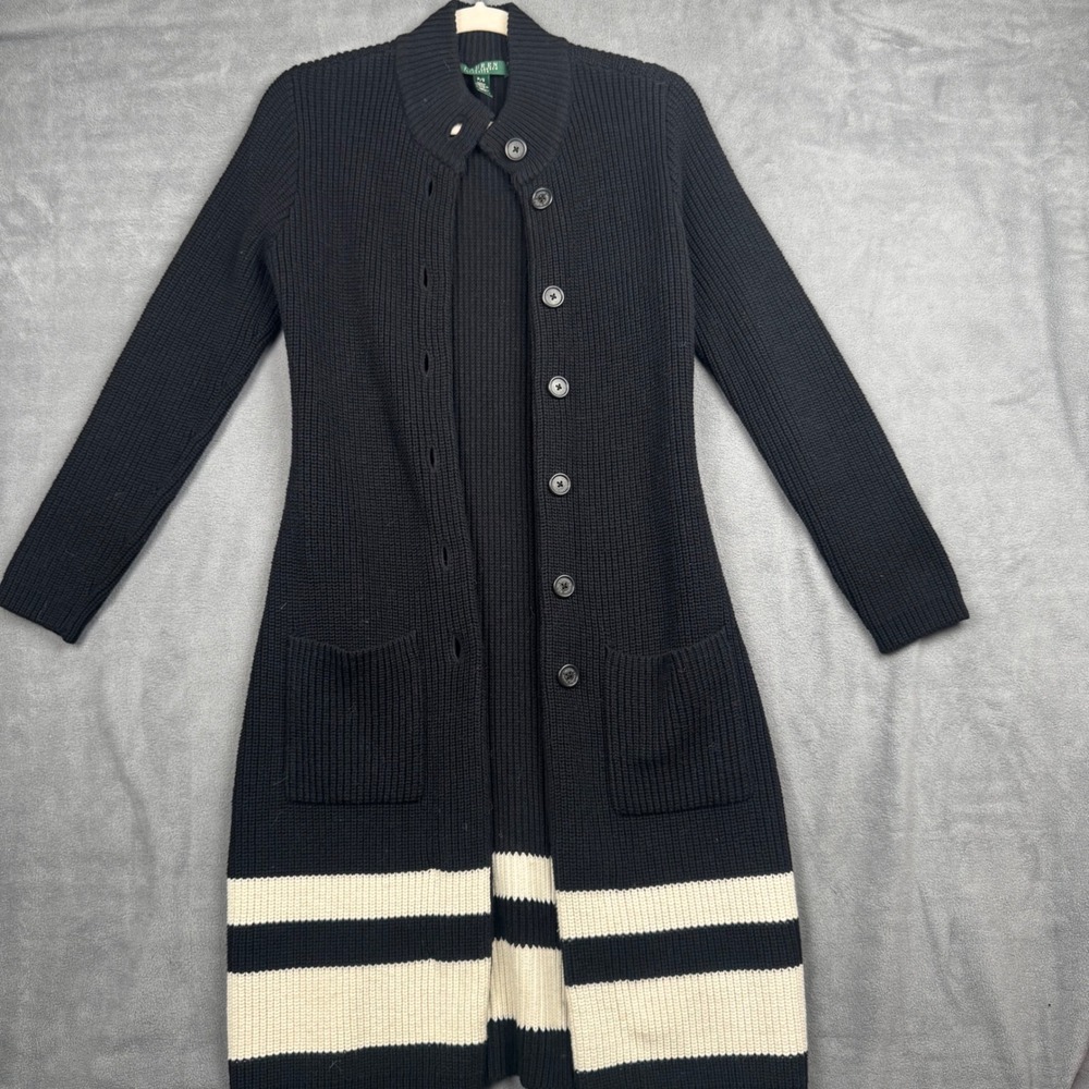 Lauren Ralph Lauren Petite‎ Black Striped Longline Cardigan Duster Sweater P/S